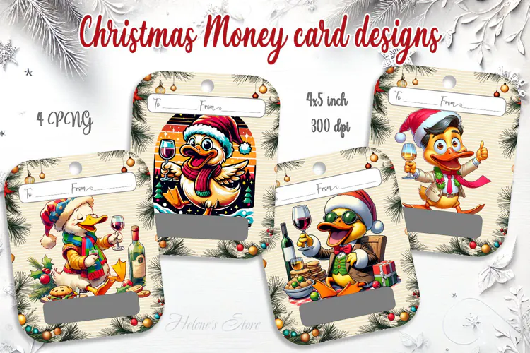 Merry Christmas Wine Duck Money Card PNG | 4 Designs