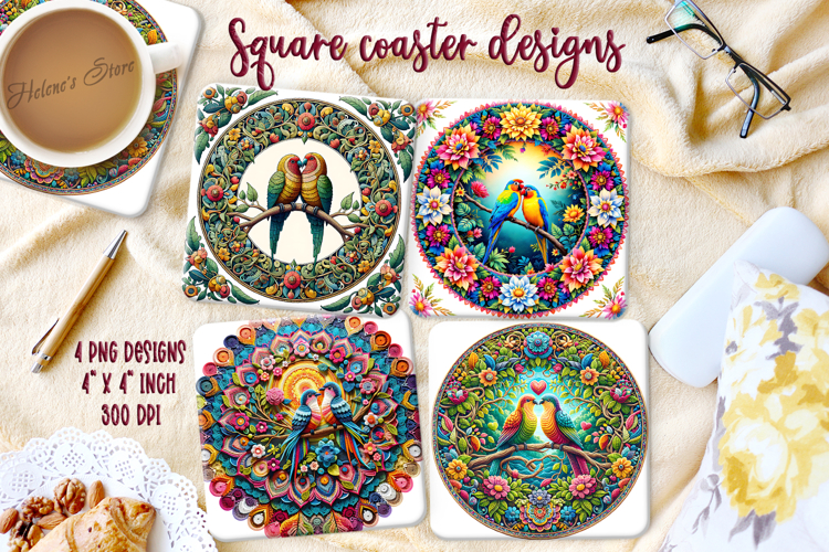 Lover birds on round floral frame square coaster design png