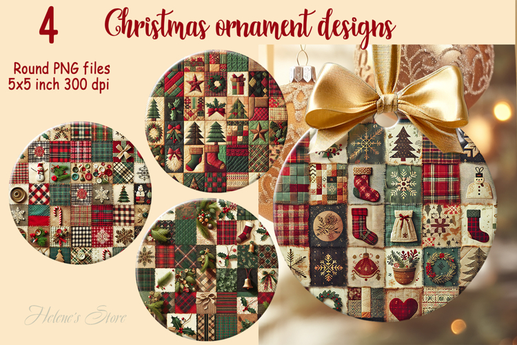 Christmas patchwork round ornament sublimation designs PNG