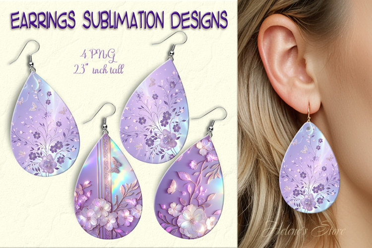3d Floral lilac iridescent earrings sublimation designs png