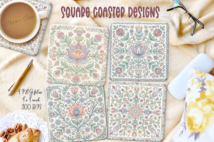 Pastel floral retro folk tile pattern square coaster designs