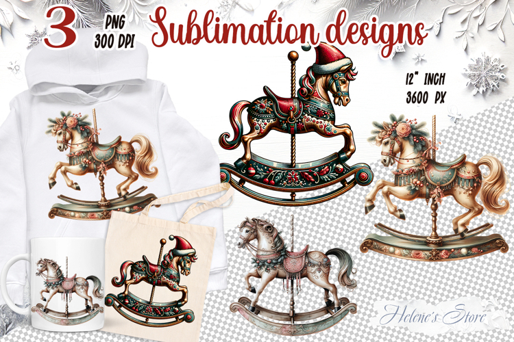 3d Christmas vintage carousel horse sublimation designs png