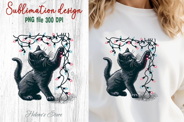 Christmas lights & black cat clipart| Winter t shirt designs