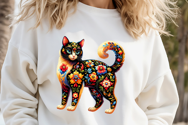 Floral cat sublimation design png |Cute Folk flowers clipart