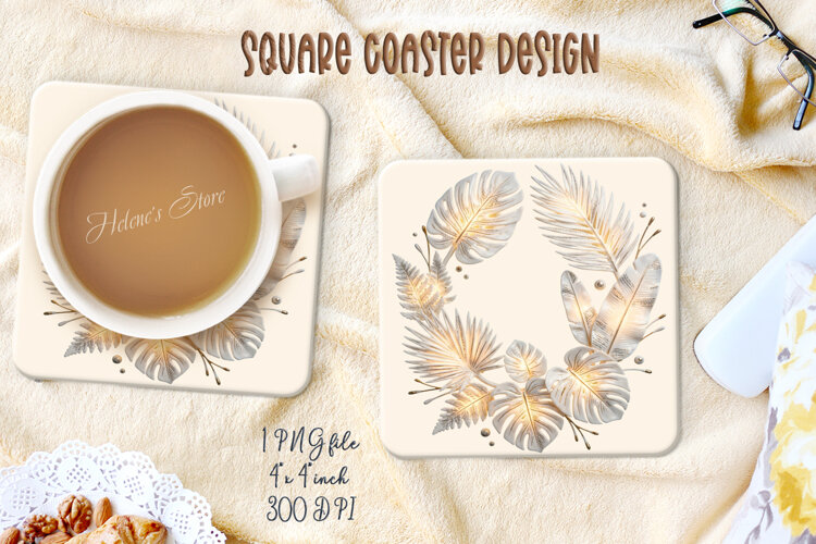 3D ceramic tropical leaves square coasters design png example image 1