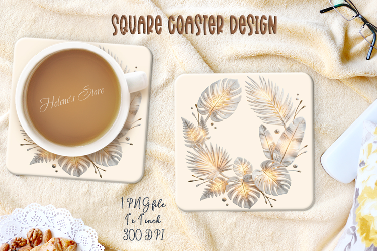 3D ceramic tropical leaves square coasters design png