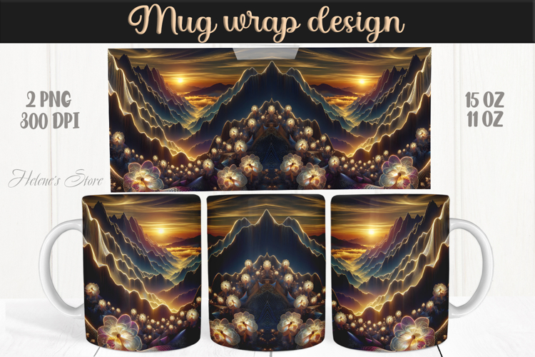 Fantasy mountains iridescent design mug wrap 15oz 11oz png