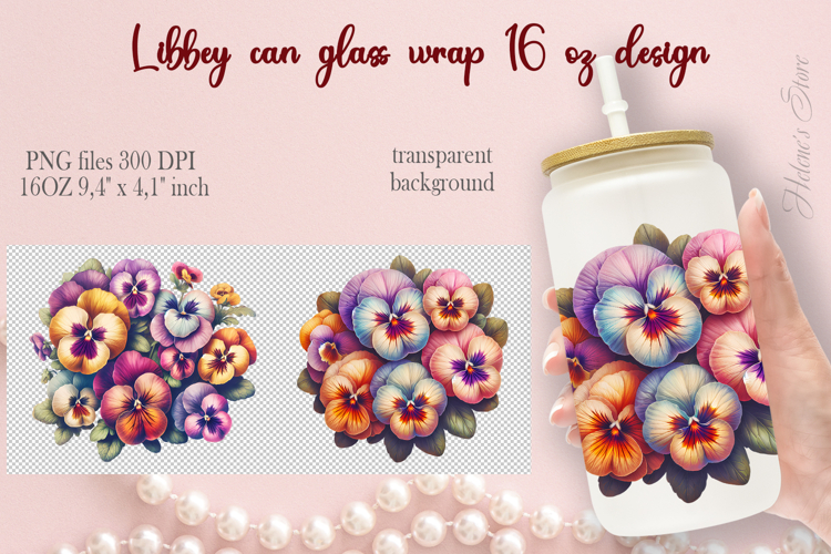 Cute Pansies flowers Libbey Can Glass Wrap 16oz design png