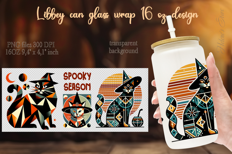 Halloween black cat Abstract Libbey Can Glass Wrap 16oz png