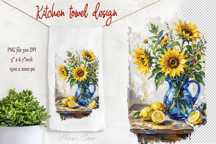 Sunflowers bouquet and lemons farmhouse kitchen towel png