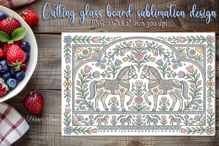 Pastel floral horse folk tile glass cutting board design