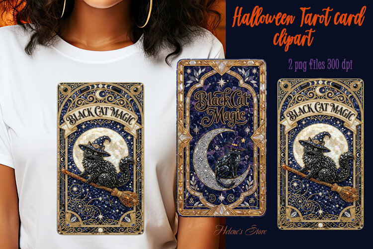 Halloween Black Cat sublimation design| Tarot card clipart example image 1