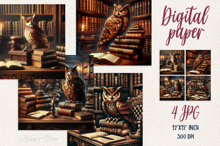 Owl in wooden library digital papers | Scrap booking jpeg