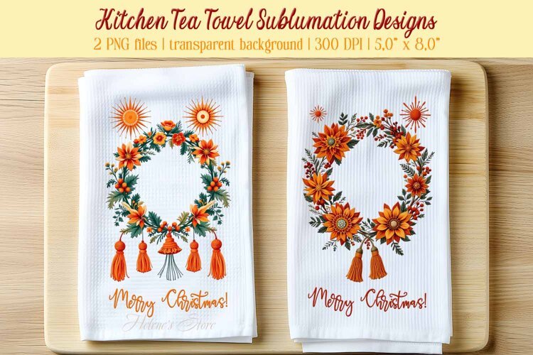 Christmas boho sublimation kitchen tea towel png |Dish towel example image 1