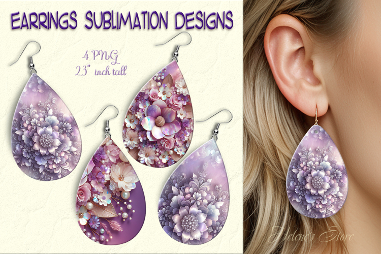3d Floral lilac iridescent earrings sublimation designs png