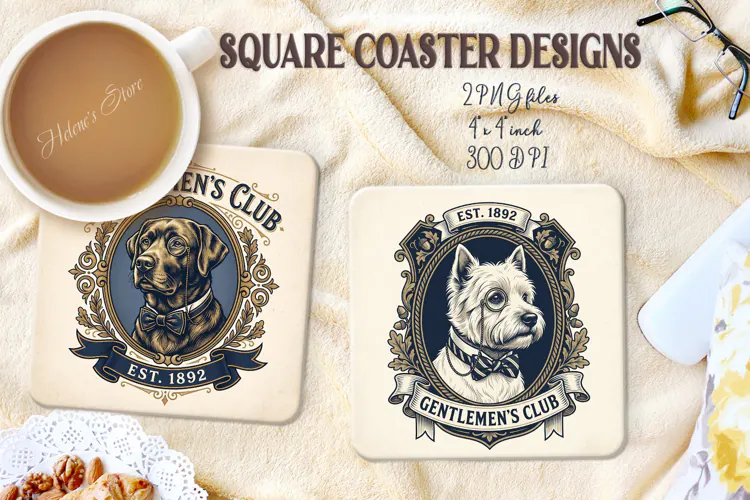 Retro Gentlemen Dog square coasters sublimation design png