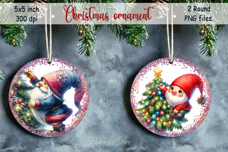 Christmas tree and gnome round ornament sublimation designs example image 1