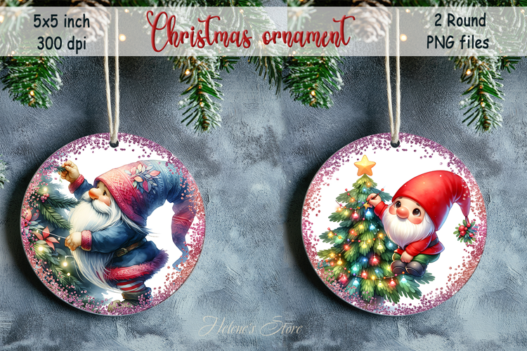 Christmas tree and gnome round ornament sublimation designs