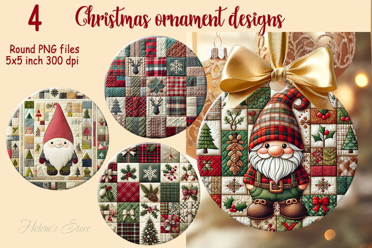 Christmas patchwork round ornament sublimation designs PNG