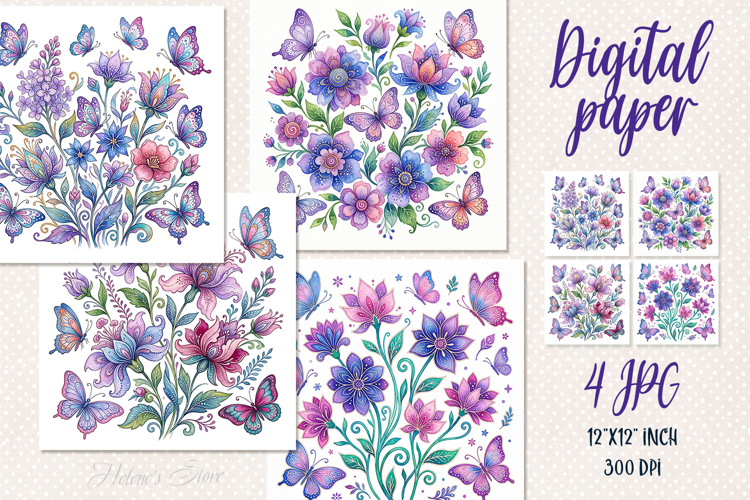 Whimsical flowers digital papers jpeg |Floral Scrap booking