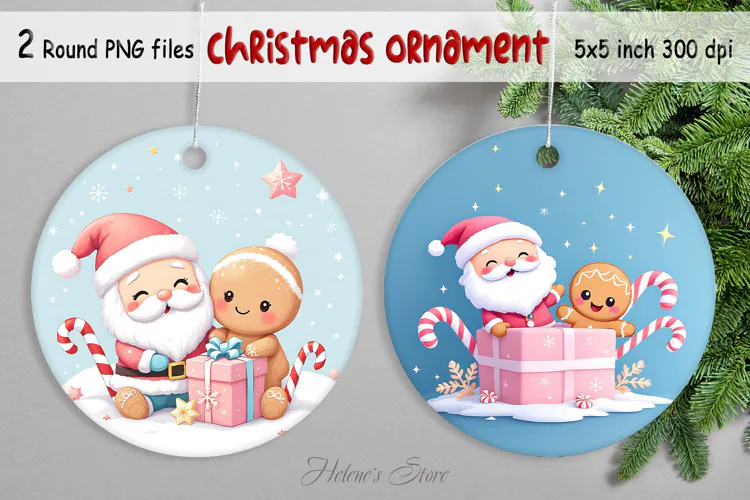 Funny Santa Claus and Gingerbread man Christmas ornament png
