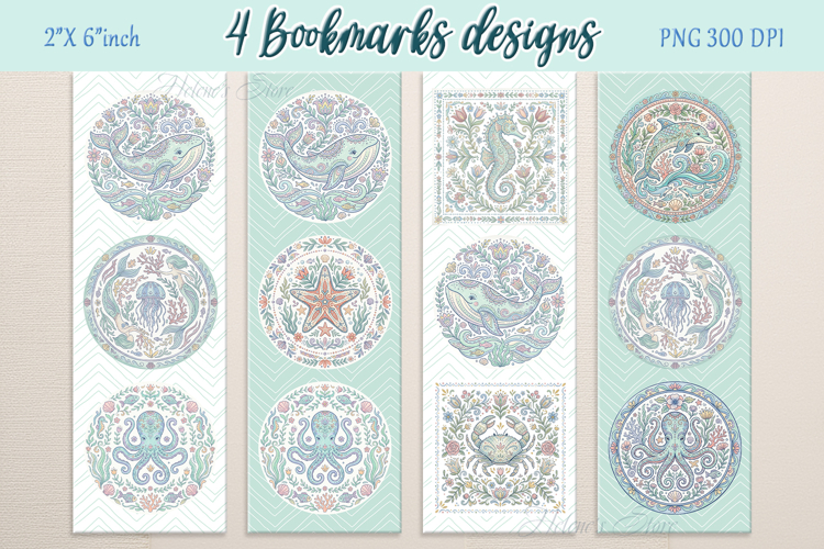 Pastel sea life pattern Printable bookmark png |4 Book craft
