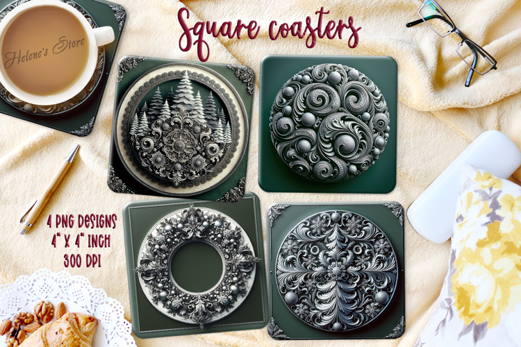 Vintage Christmas silver pattern square coasters sublimation