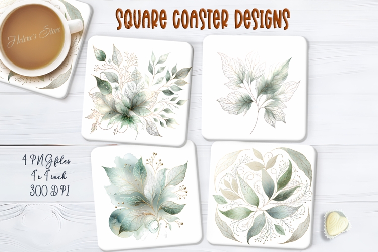 Beautiful Green leaves square coasters png | Luxury floral