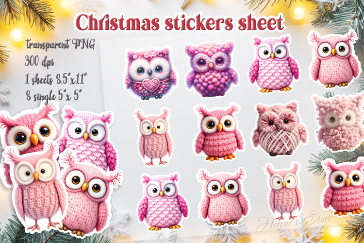 Christmas printables stickers sheet | Pink crochet yarn owl