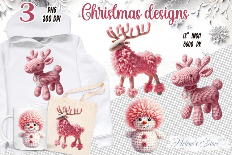 Pink Christmas crochet yarn toy clipart|Cute sublimation png