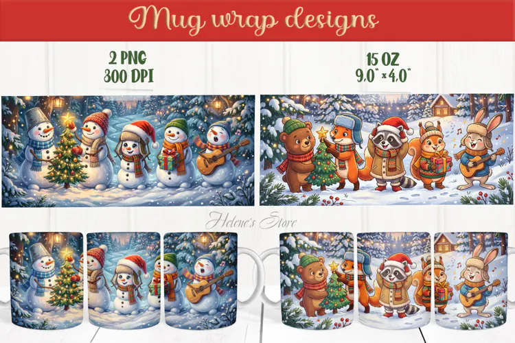 Christmas mug wrap png| Cute animals mug sublimation designs