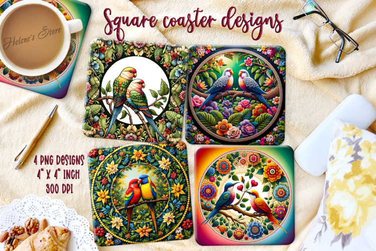 Lover birds on round floral frame square coaster design png