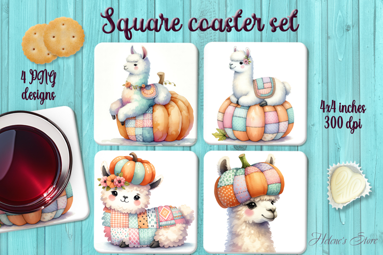 Patchwork Halloween llama square coaster sublimation png