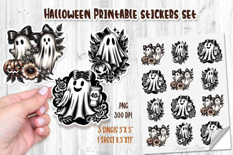 Halloween Ghost Stickers Printable design | Cute Spooky PNG example image 1