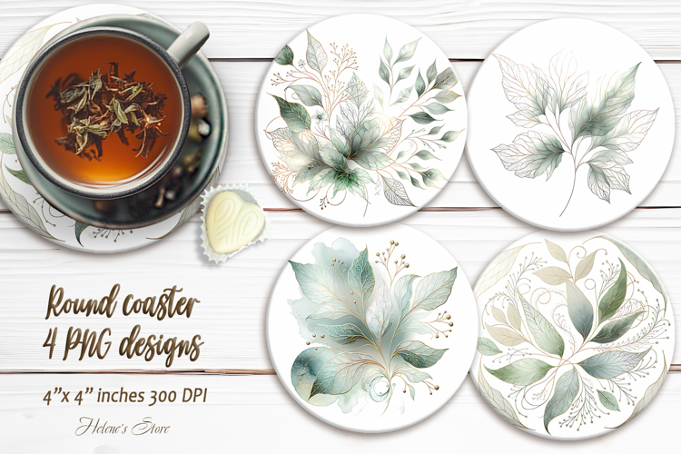Watercolor Green Leaves round coaster sublimation designs