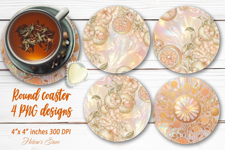 Tropical fruits pattern gold pearl round coaster designs