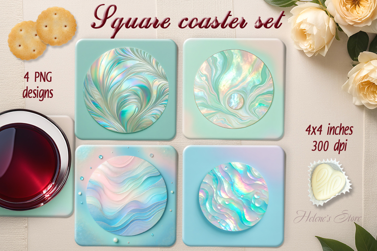 Pastel blue green abstract square coaster sublimation png