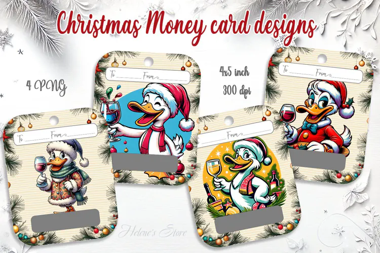 Merry Christmas Duck Wine Money Card PNG | 4 Designs