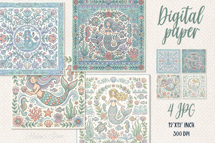 Folk floral ocean tiles digital papers jpeg | Scrap booking