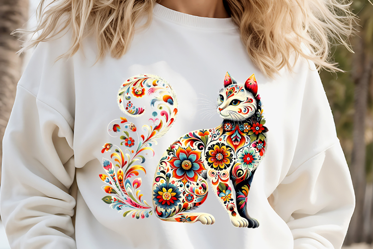 Floral cat sublimation design png |Cute Folk flowers clipart