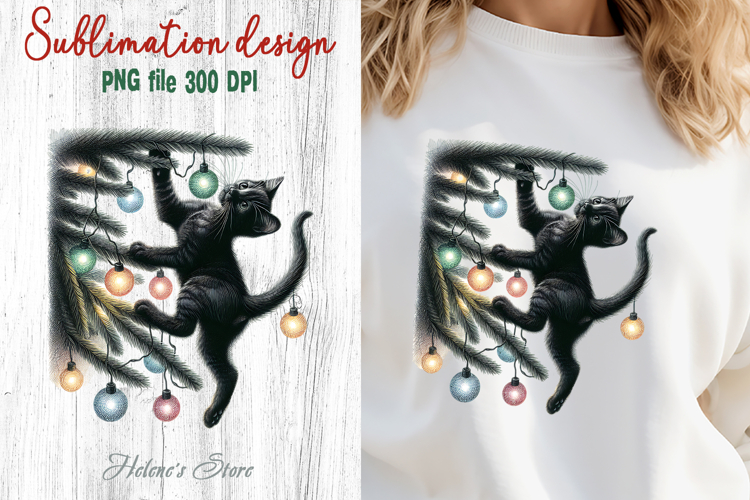 Christmas lights & black cat clipart| Winter t shirt designs