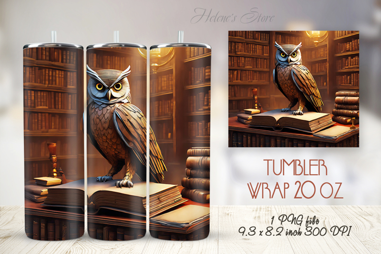 Owl in wooden library straight skinny tumbler 20 oz wrap