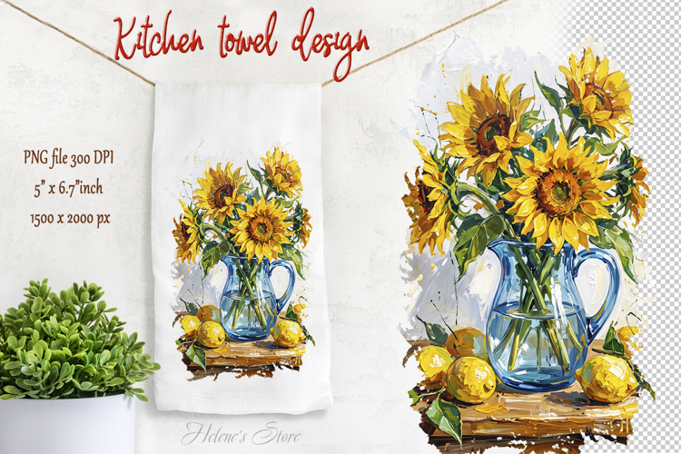 Sunflowers bouquet and lemons farmhouse kitchen towel png