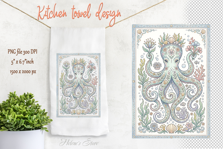 Cute octopus folk ocean floral pattern kitchen towel png