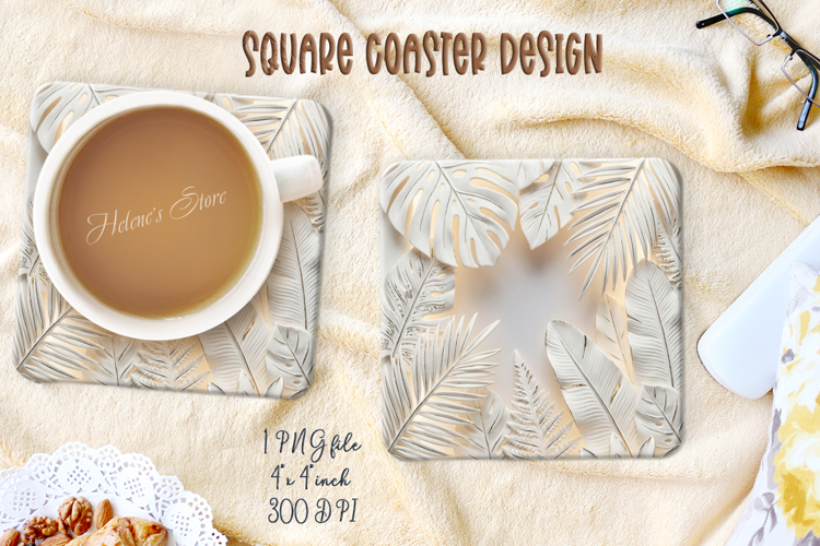 3D ceramic tropical leaves square coasters design png