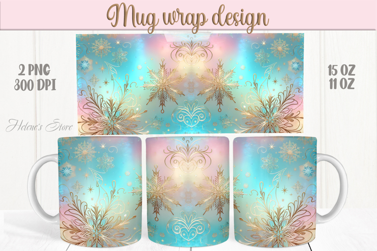 Blue Christmas mug wrap png| Gold Snowflake mug sublimation