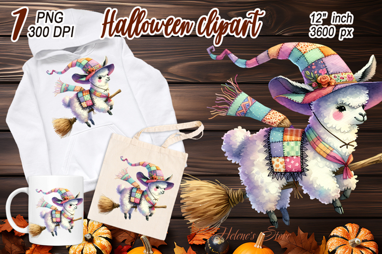 Cute Watercolor Llama Witch clipart |Fall Animals design PNG