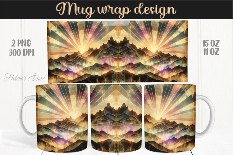 Fantasy mountains iridescent design mug wrap 15oz 11oz png