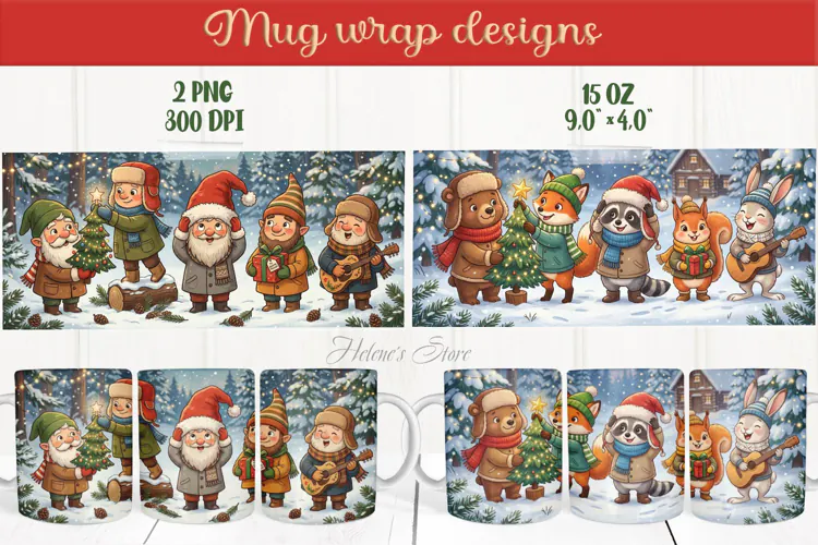 Christmas mug wrap png| Cute animals mug sublimation designs