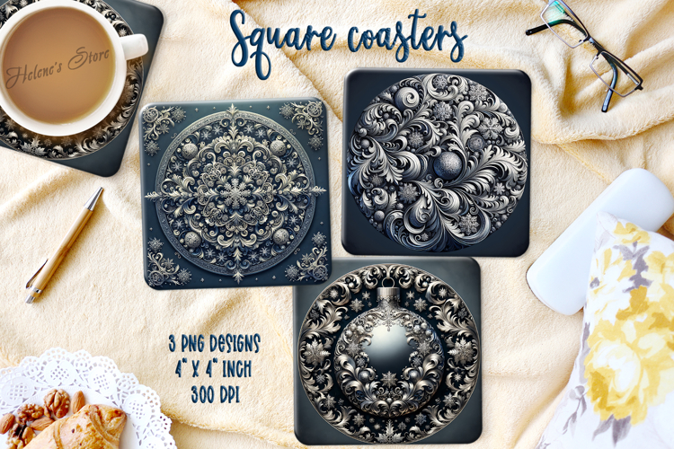 Vintage Christmas silver pattern square coasters sublimation